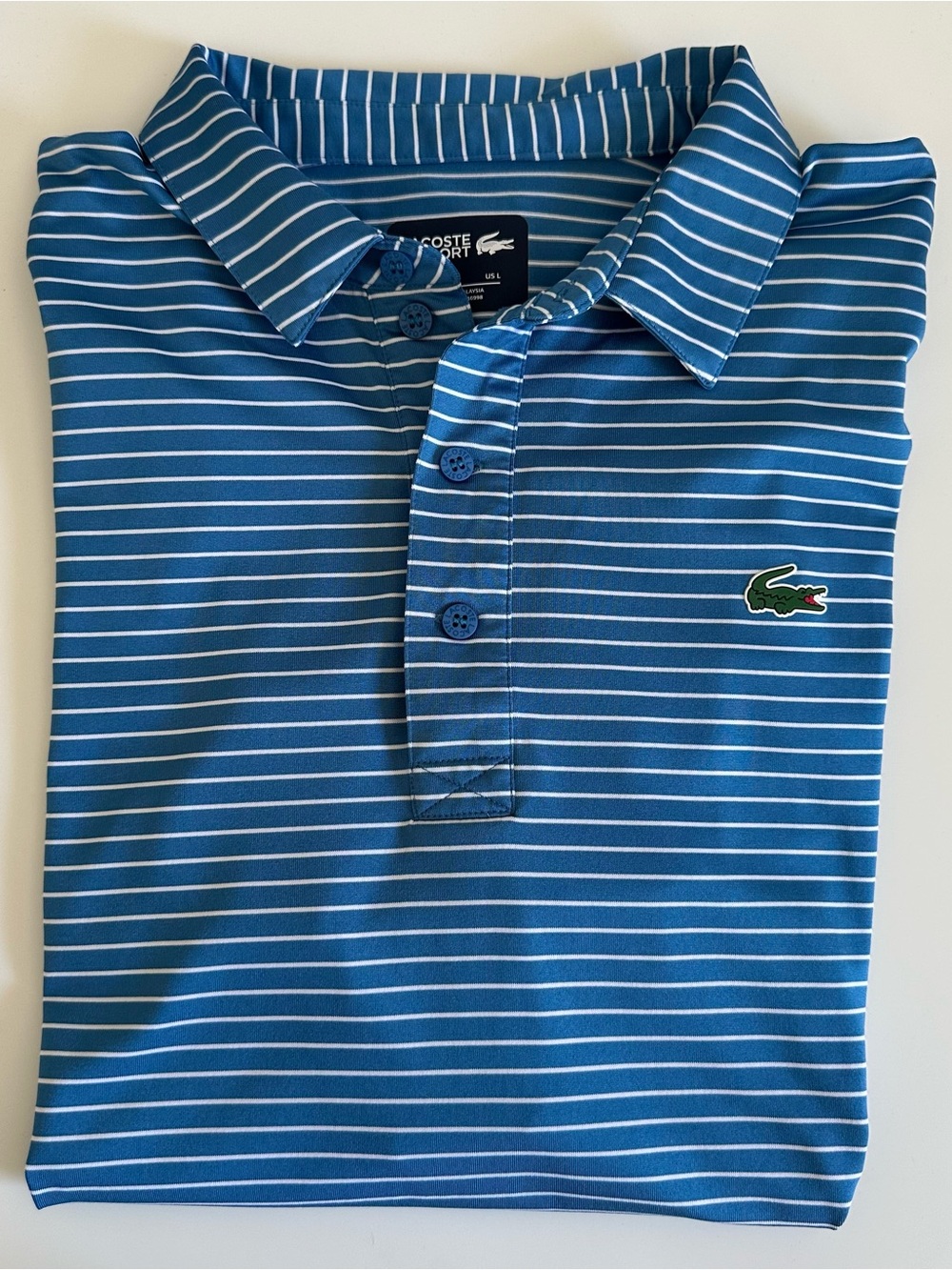 EUC Men’s Lacoste Sport Blue Striped Shortsleeved Polyester Polo Shirt Size L